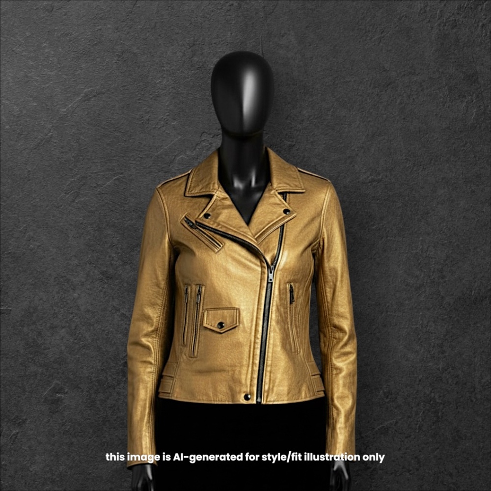 IRO Paris Gold Metallic Leather Moto Jacket Ashville Lambskin Sz 40 Large Rare